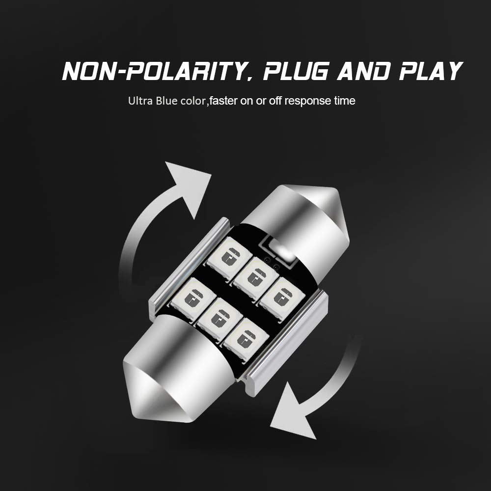 Auxlight 6614 6641 6612F 6615 F30-Whp Ts-14V1Cp 29Mm 1.14”Festoon Led Interior Light Bulbs Ultra Blue, Super Bright 6Smd Chips For Car Suv Truck Sunvisor Vanity Mirror Lights (Pack Of 6)