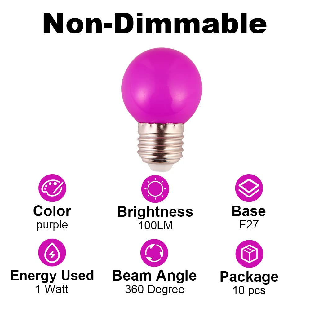 Dark Purple Pink Light Bulbs 1 Watt Low Lumen Led Night Light Bulb 10 Watt Equivalent E26/E27 Medium Base Mood Lighting For Wedding Party Bar Holiday Festival Halloween Christmas Room Decor 10Pack