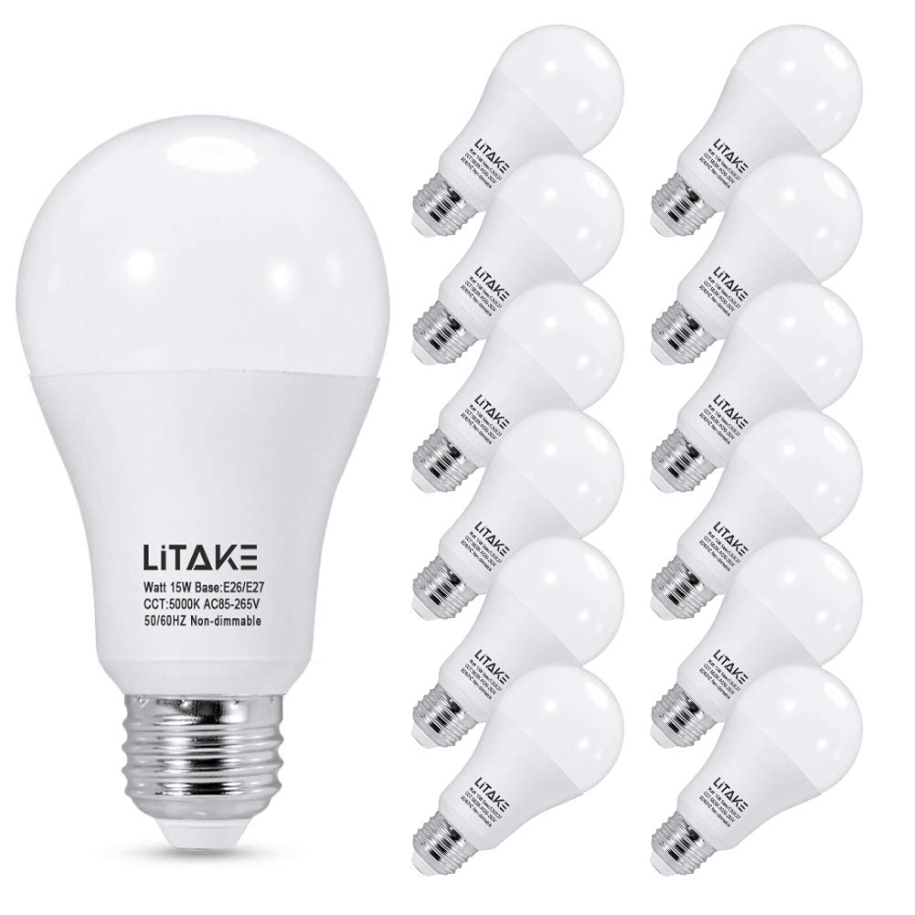 Litake A19 LED Bulbs 150 Watt Equivalent 5000K Daylight LED Light Bulbs E26 Medium Base  15W LED Bulbs1600 Lumens for Home Lights  No Flicker  Non-Dimmable  12 Packs-New
