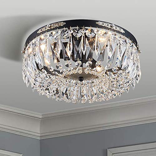 Bestier Black Crystal Semi Flushmount Chandelier Lighting, Metal, Ceiling D14in x H8in, 4 E12 Bulbs Required