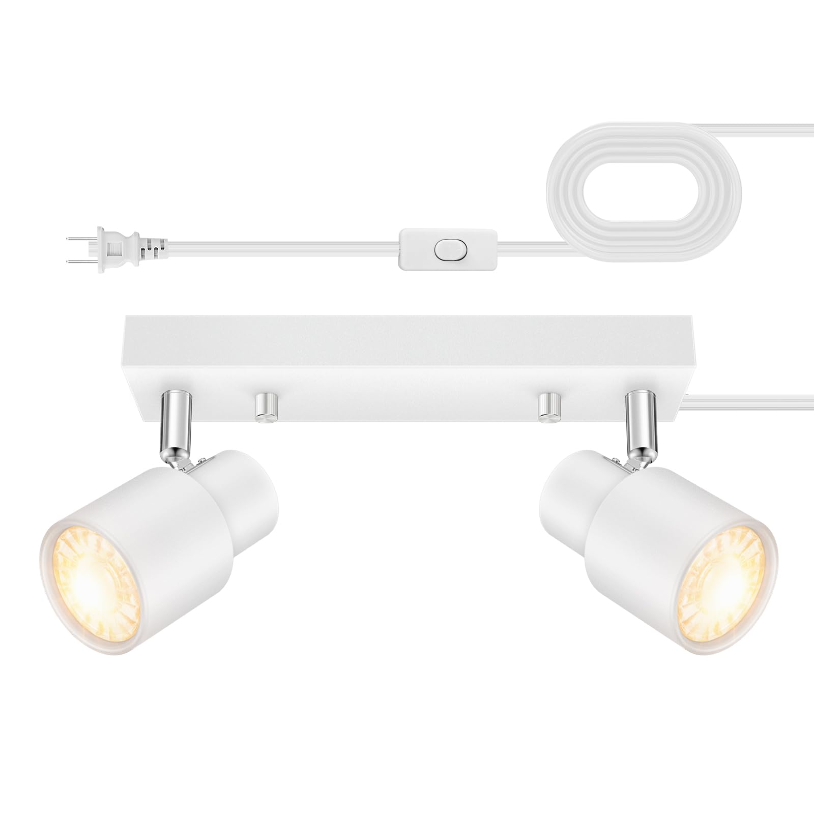 Plug In Track Lighting Fixtures Ceiling, White Track Light Led, 2-Light Track Lights With Cord, 2 Way Ceiling Spotlight, Rocker Switch, Rotatable Wall Mount Light For Kitchen/Bedroom,Bulb Not Included