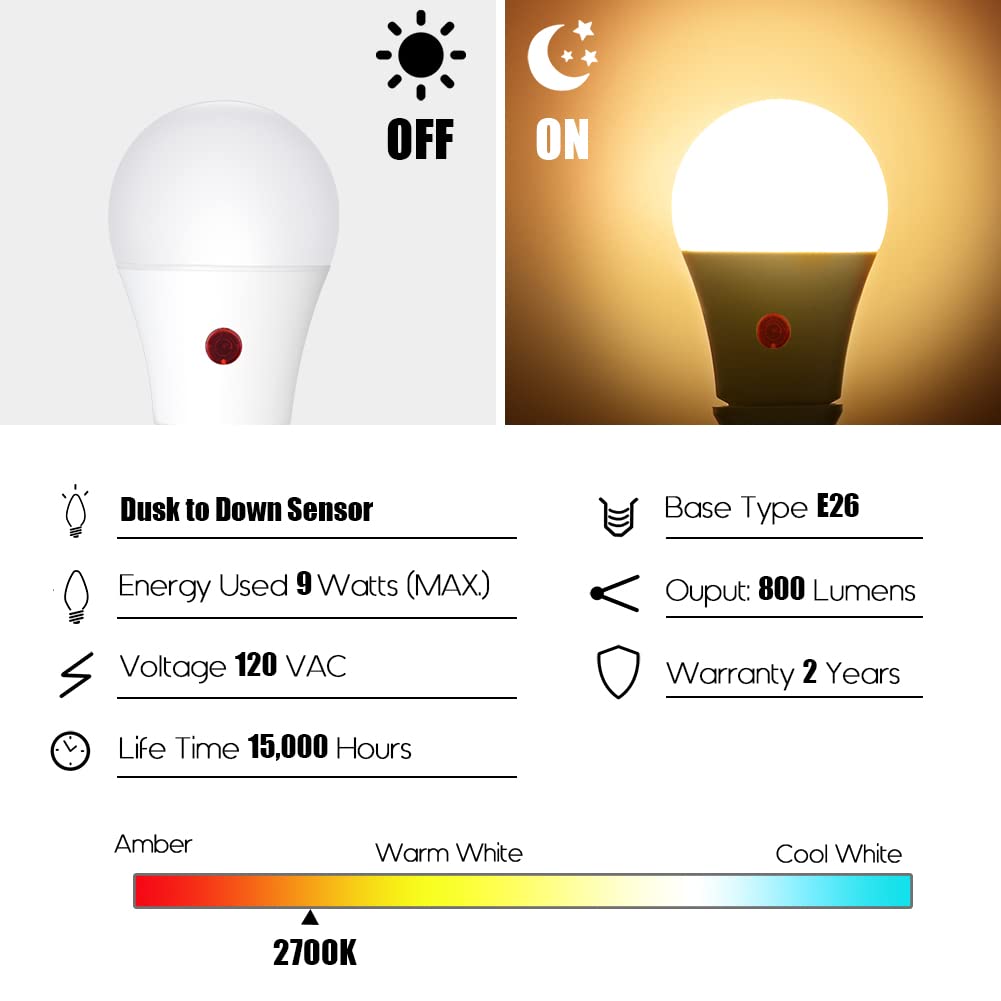 Emotionlite Warm White Led Light Bulbs, Dusk To Dawn, 60W Equivalent, 3 Pack, E26 Base