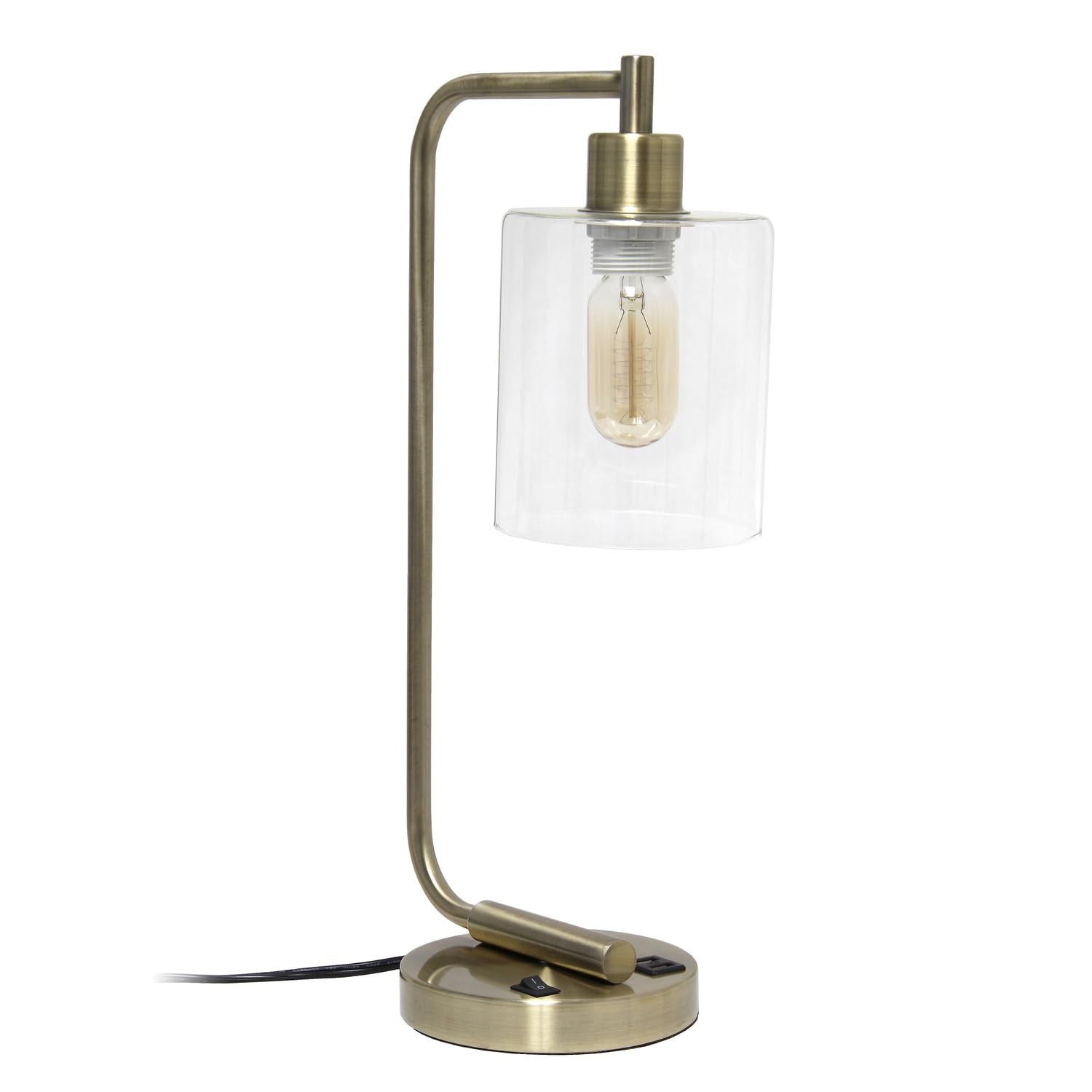 Simple Designs LD1066-ABS Bronson Antique Style Industrial Iron Lantern Desk Lamp with 2 Dual USB Ports and Glass Shade, Antique Brass