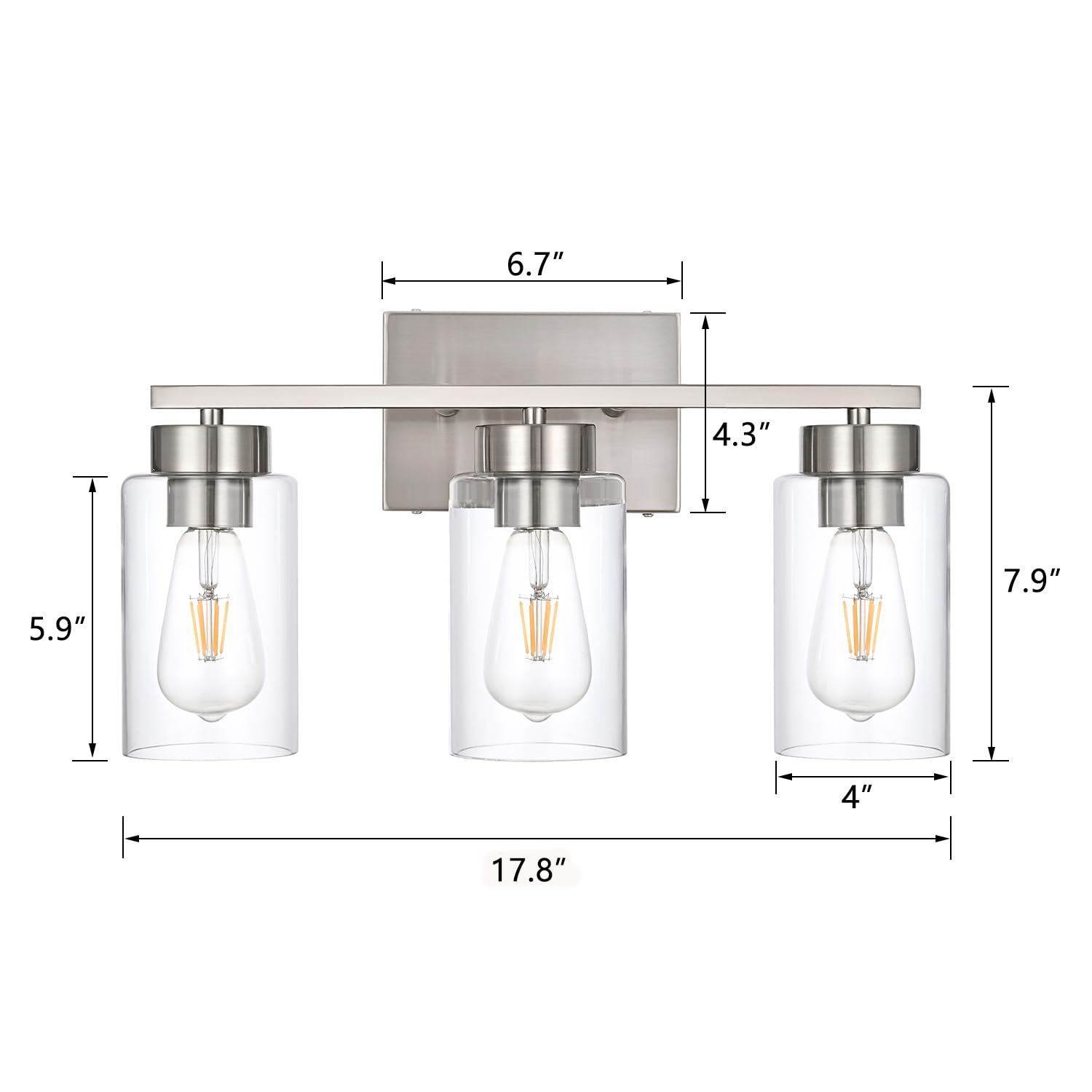 A1A9 3-Light Bathroom Vanity Light, Modern Brushed Nickel Wall Lights With Clear Glass Shades, Bathroom Wall Sconce Lamp For Mir