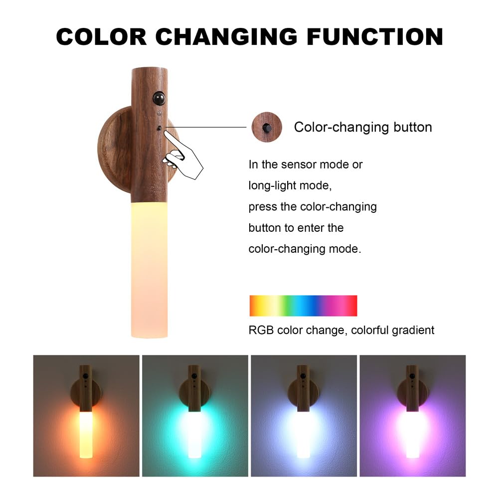 Landgoo Motion Sensor Color Changing Night Light, Rgb Atmosphere Light, Rechargeable Battery Powered Led Portable Wooden Wall Sc