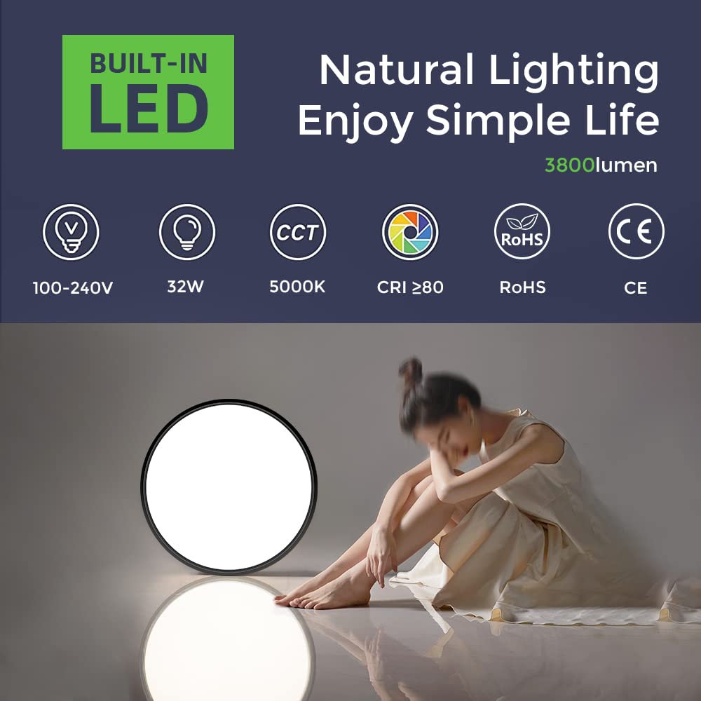 Lightingwill 15.7 Inch Black Flush Mount Led Ceiling Light Fixture 32W, 5000K Daylight White, 3800Lm, Flat Modern Round Closet L