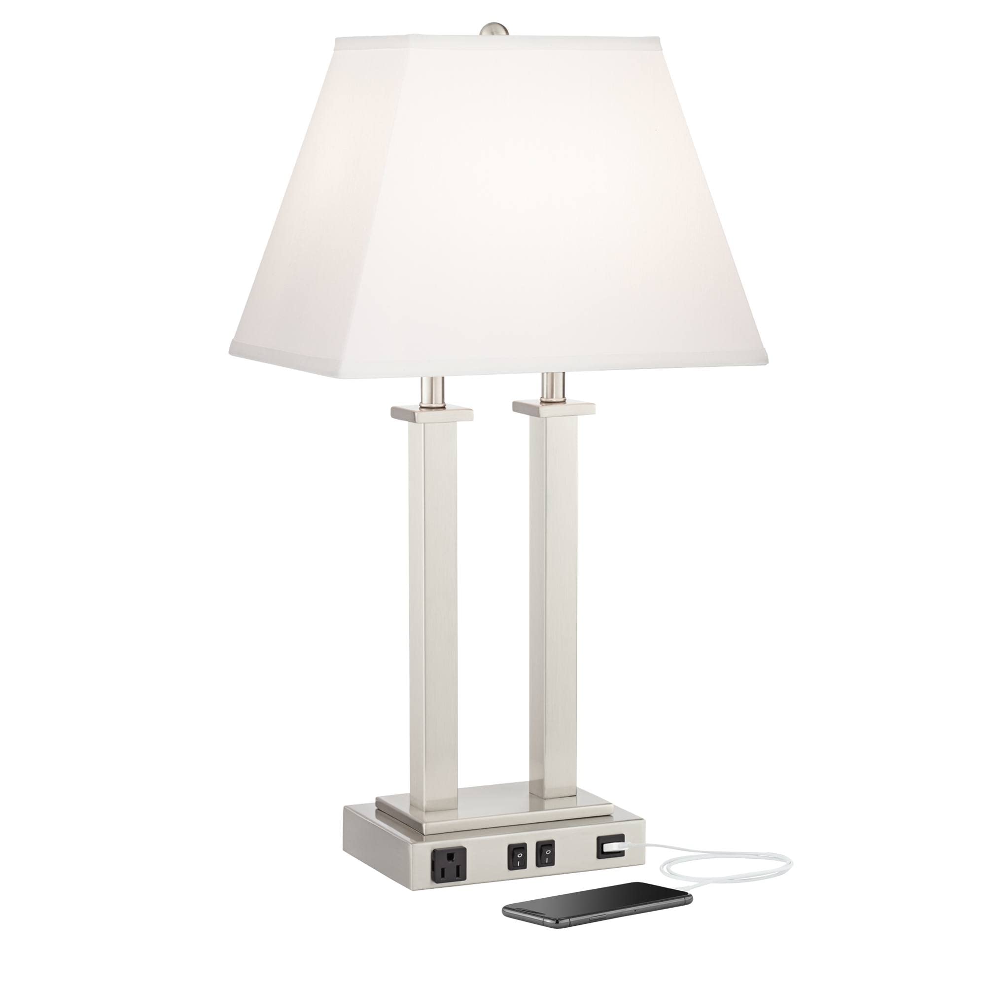 Possini Euro Design Amity Modern Table Lamp with USB & AC Outlet, 26in High, Brushed Nickel, White Linen Shade, Model 9G408