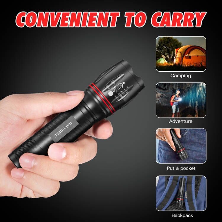 HAUSBELL T8 LED Flashlight, 5 Modes, Zoomable, High Lumens, Aluminum, Black, 2 Pack