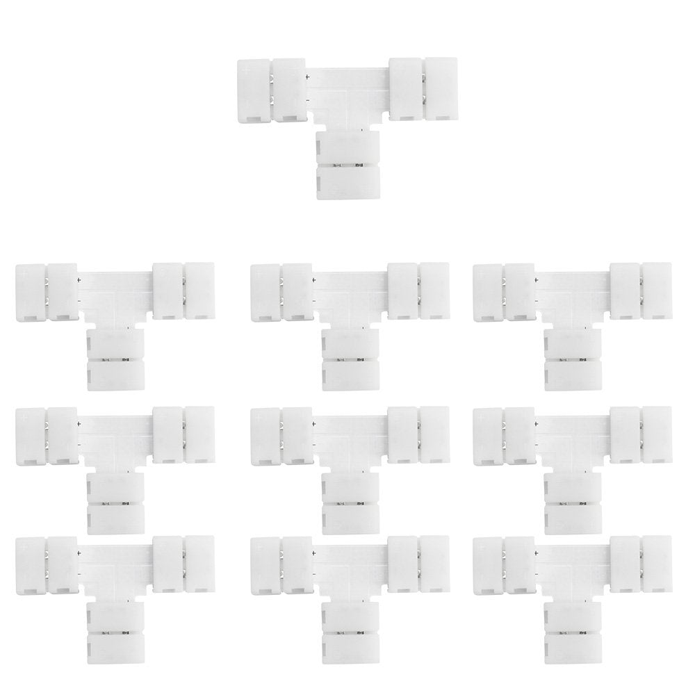 LightingWill 10pcs Pack T Shape Solderless Snap Down 2Conductor LED Strip Connector for Quick Splitter Connection of 10mm Wide 5
