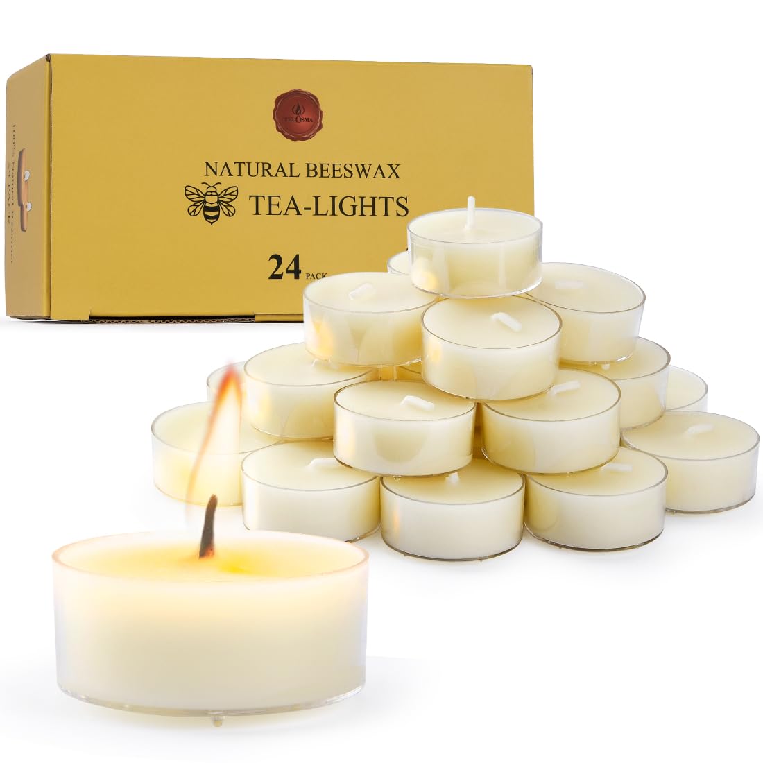 Natural Beeswax Tealight Candles - 24 Pcs - Organic Small Candle Natural Scent Smokeless Clean Burning-White