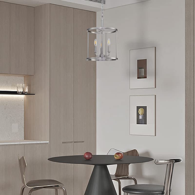 Doraimi Lighting 3-Light Hanging Lantern Pendant Light Fixture Brushed Nickel Finish Geometric Chandelier Adjustable Chain Metal