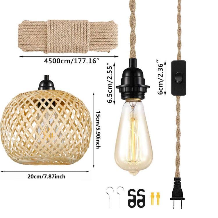 Vintage Plug In Pendant Light Wicker Rattan Hanging Lights With 15Ft Hemp Rope Cord Mini Bamboo Lampshade Boho Wall Lighting Fix