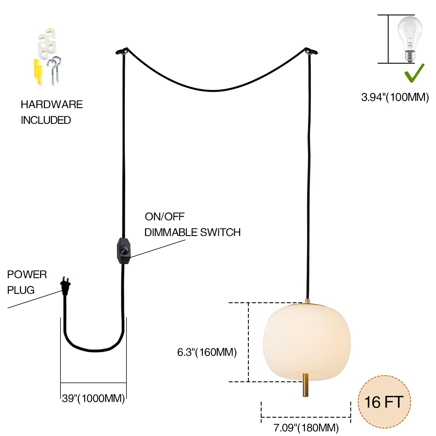 Jc Topa Mid Century Modern Pendant Light Fixture, Milk Glass 7    Globe Hanging Light With Dimmable Switch And Plug In For Kitch