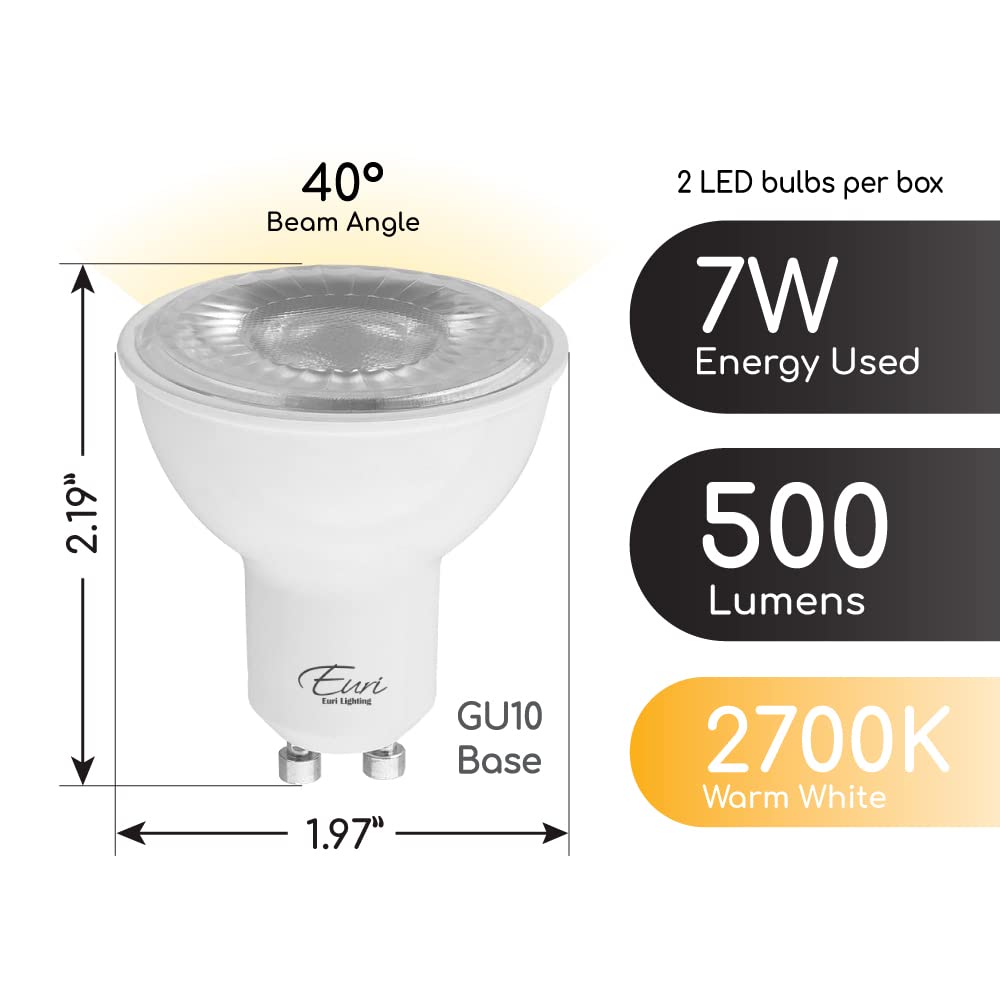 Euri Lighting Ep16-7W5020Eg-2 Dimmable Led Par16, Gu10 Base, 7W (50W Equal) 500Lm, Warm White (2700K), 80Cri, 40 Angle, Damp Rat