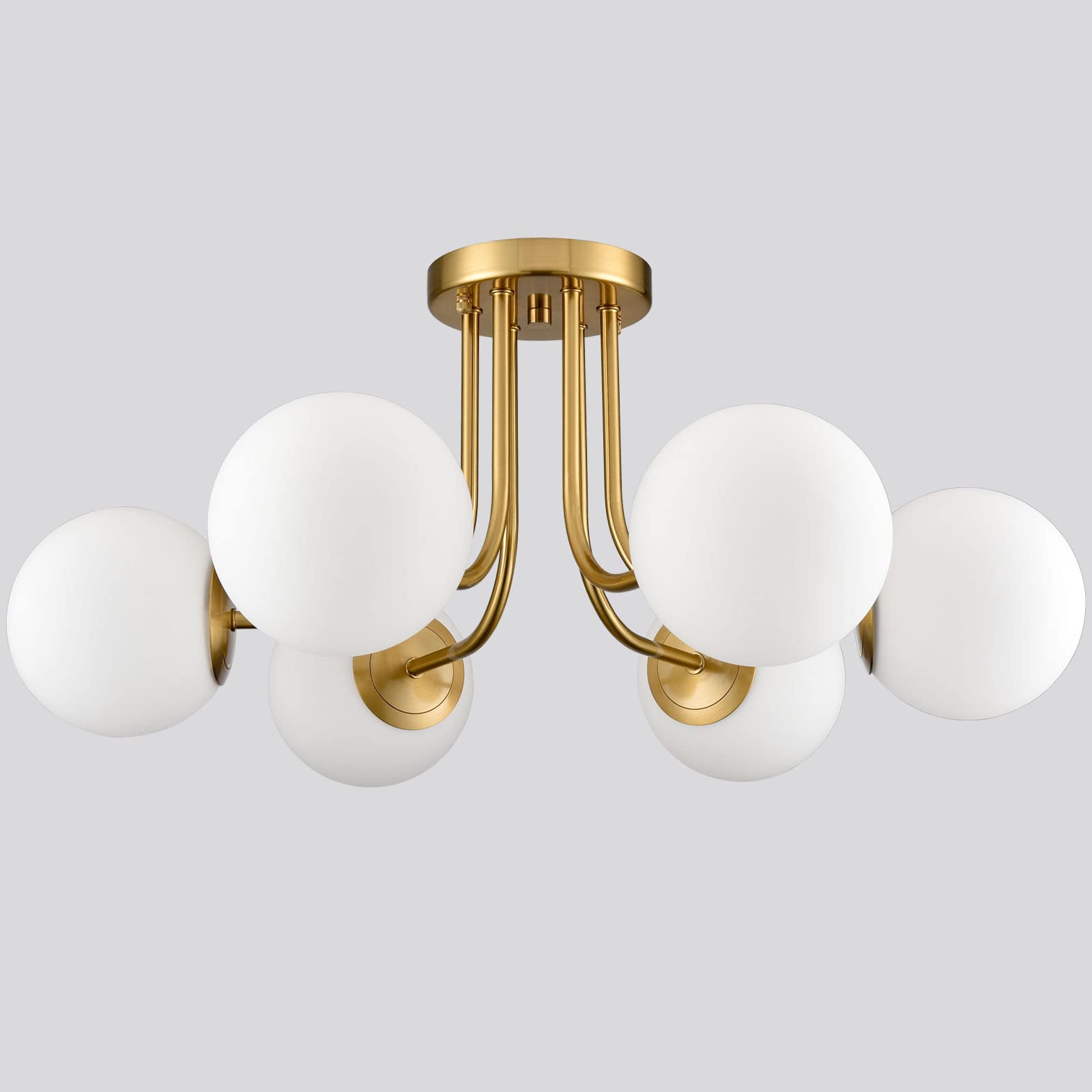 Shawnkey 6-Light Modern Brass Gold Semi Flush Mount Ceiling Light With White Glass Shade