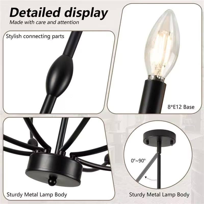 Acaner Black Chandeliers For Dining Room, 8-Light Modern Farmhouse Candle Style Chandelier, Industrial Hanging Ceiling Light Fix