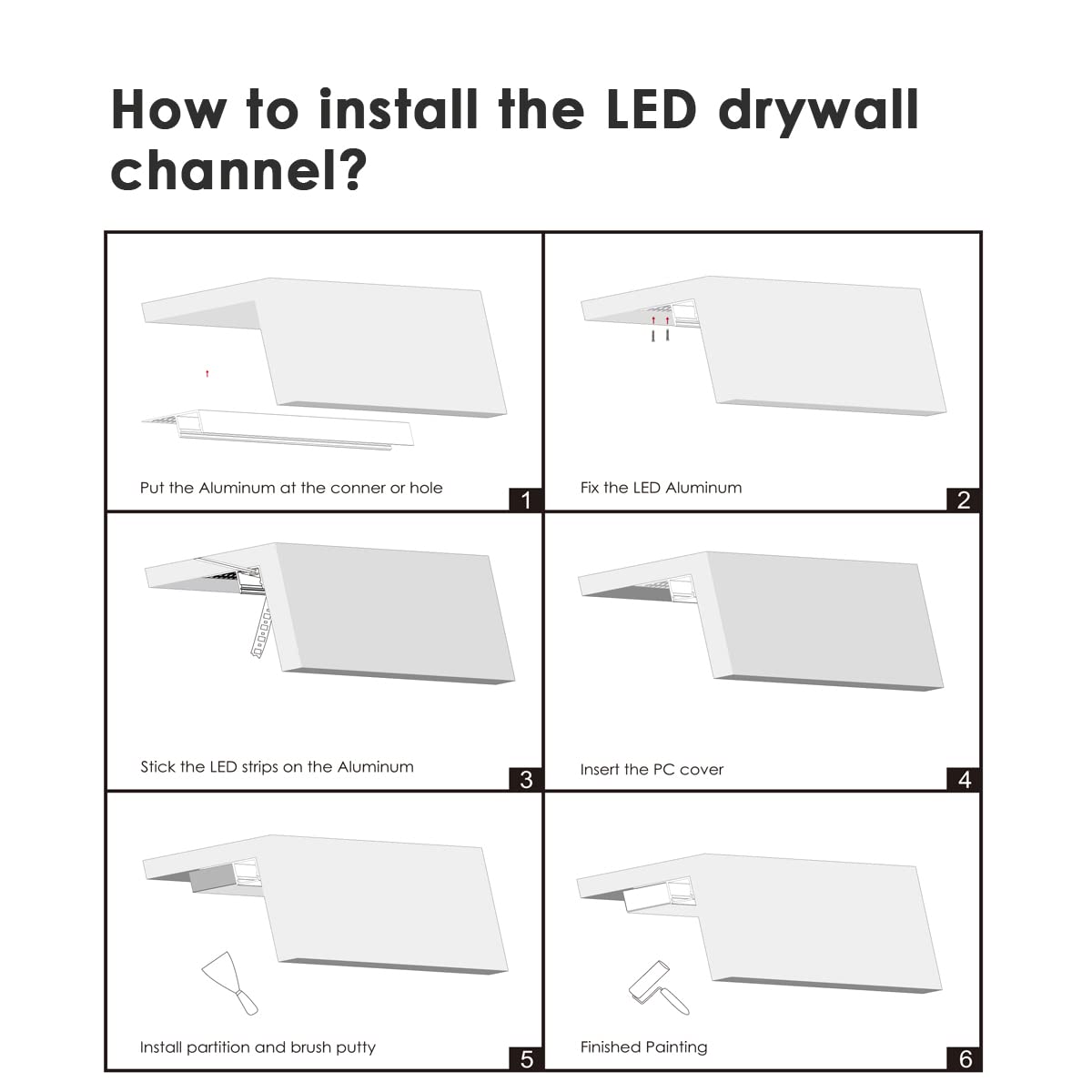 Besseto Plaster-in LED Channel 6 Pack, 6.6FT Aluminum Trimless with Milky Diffuser, Silver, Model BT-221113