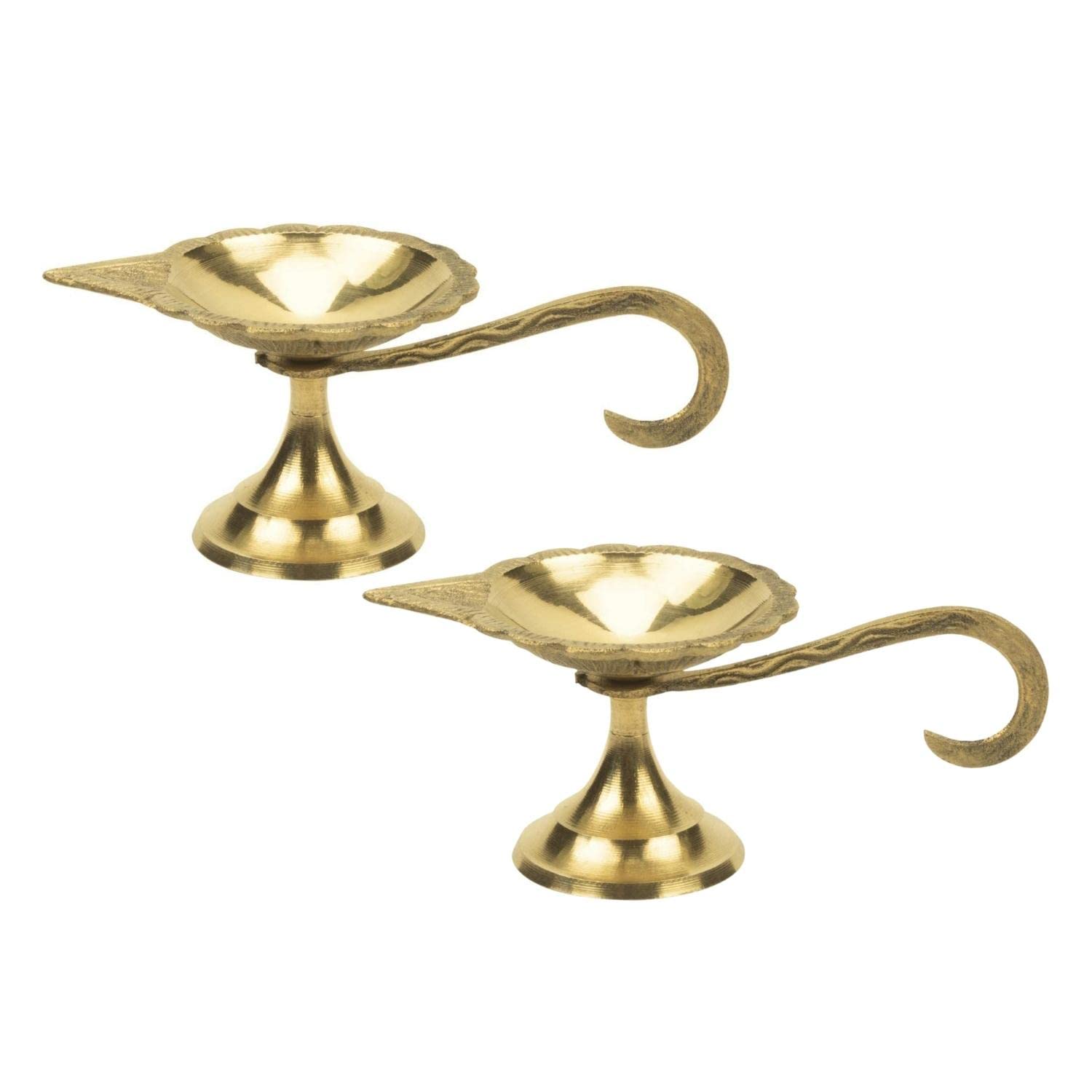 Klassic Brass Puja Diya with Curved Handle Brass Diya || Heavy Base Aarti Diya with curved handle || Deepak for Pooja Diwali , H