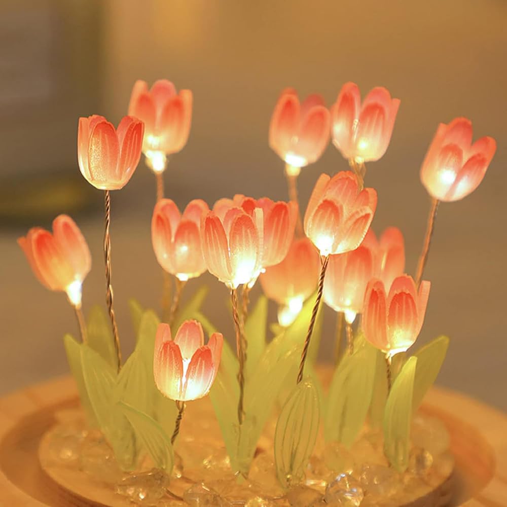 (20 Flower) Birthday Gifts For Mom, Assembled Tulip Lamp Night Light With Glass Dome,Handmade Artificial Flower Table Lamp Bedro