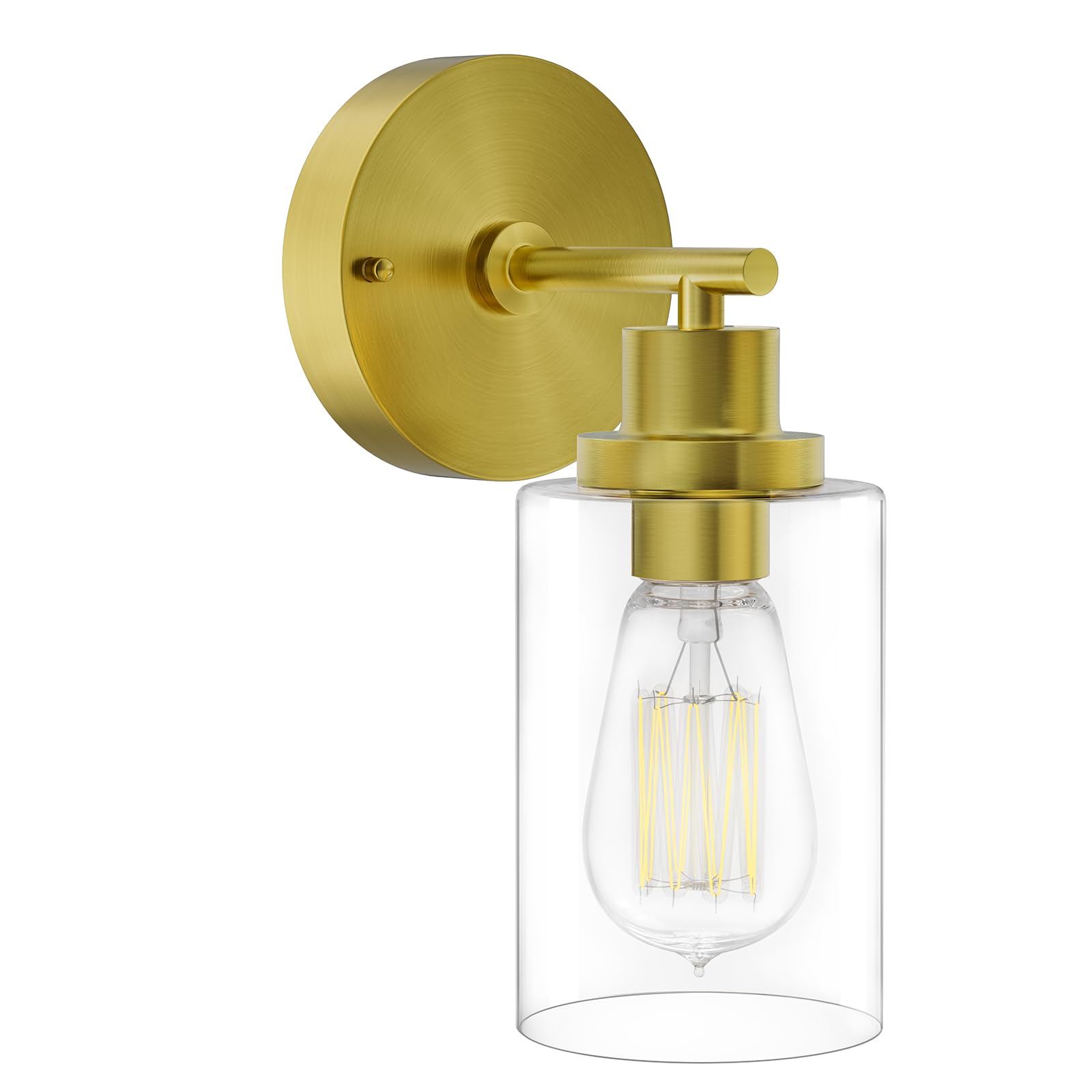 GORDNWE 1-Light Bathroom Wall Sconce, Brushed Gold, Metal, Clear Glass Shade, E26 Bulb Base, Model J0018