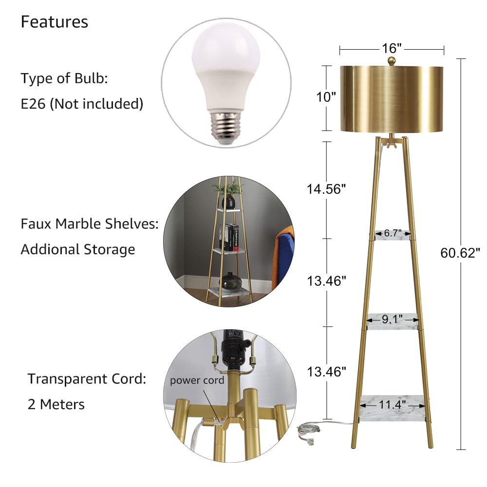 ROSEN GARDEN Floor Lamp, Modern Tall Pole Light with Gold Shade, Metal and Marble, Accent Lighting for Living Room and Bedrooms, Model LT7026