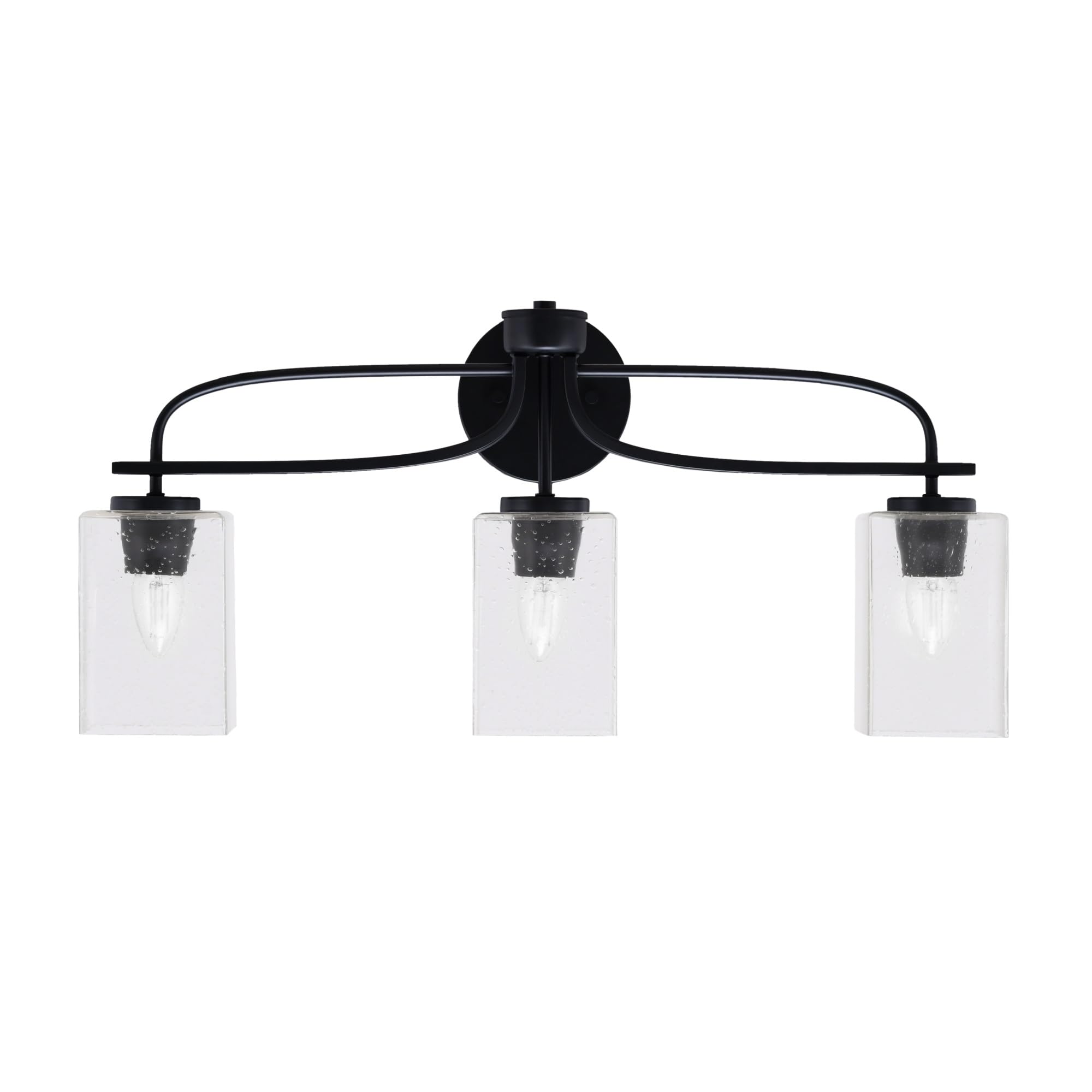 Cavella 3 Light Bath Bar Shown In Matte Black Finish With 4" Square Clear Bubble Glass