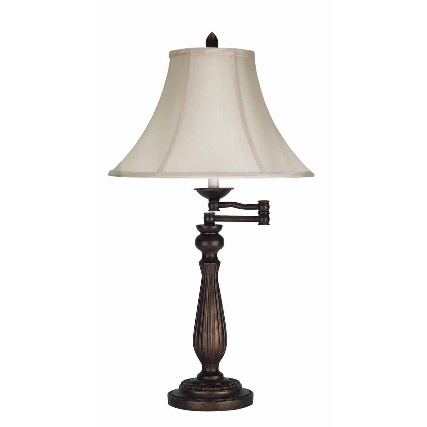 Benjara Swing Arm Metal Body Table Lamp With Fabric Bell Shade, Bronze And Beige
