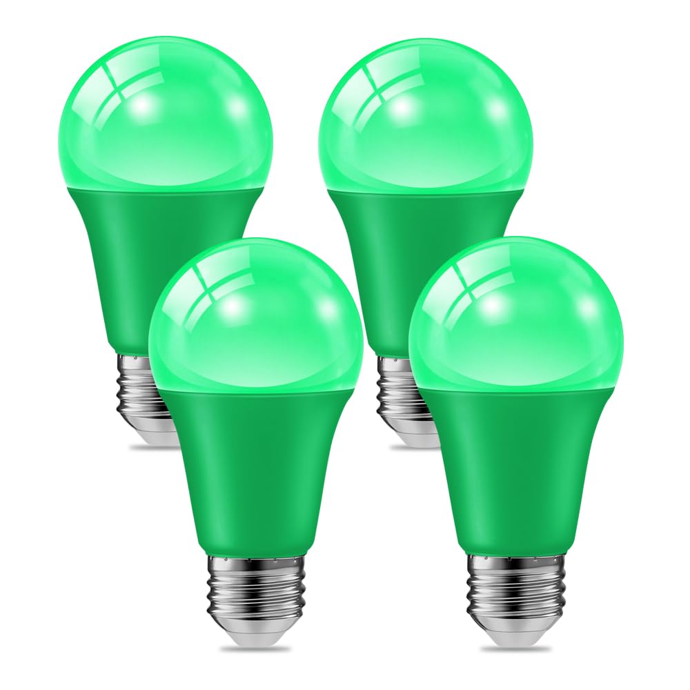 4 Pack 9W (60W Equivalent) 120V E26 Base A19 LED Colored Light Bulb, Green LED Lights for Party Christmas Decor and Halloween Li