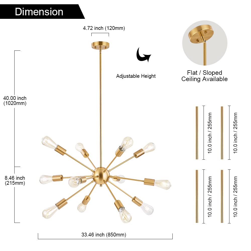 Bonlicht Contemporary 12 Light Brushed Brass Sputnik Chandelier Mid Century Modern Sputnik Kitchen Island Dining Room Pendant Li