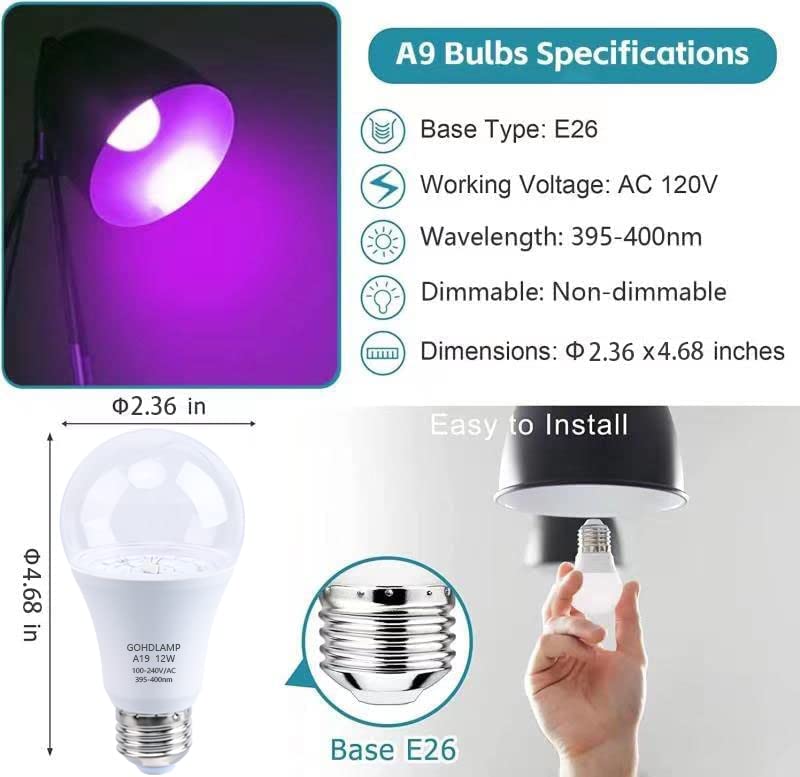 Gohdlamp Led Black Light Bulbs A19-12W For Halloween Decor & Glow-In-The-Dark Fun - Uva 395-400Nm - 3 Pack