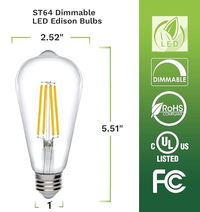 Bioluz Dimmable Edison Light Bulbs, 800 Lumen, Soft White 3000K, Glass, 6 Count, Model ST64-3K800-6