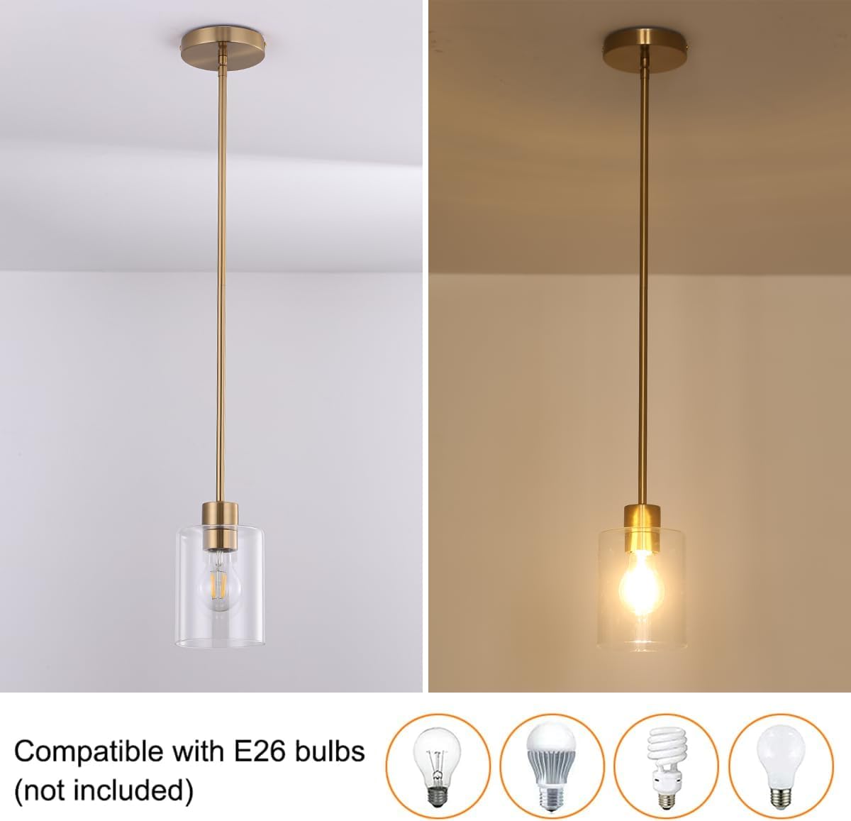 KLSS Brass Pendant Lights - Gold Clear Glass Fixture, 12" & 4" Rods, 3 Pack, Model xc011