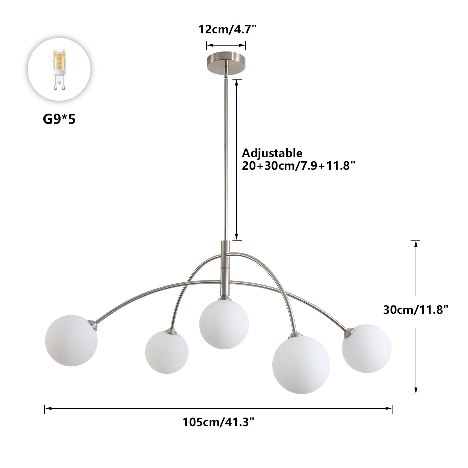 Fulesi Mid Century Modern Chandelier 5 Light Silver Sputnik Light Fixture With White Glass Globe Adjustable Modern Sputnik Chand