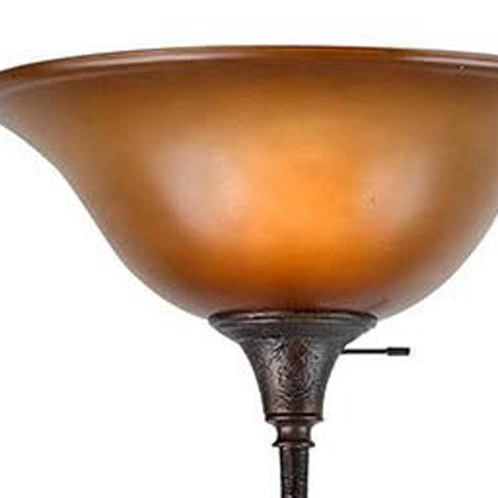 HomeRoots Torchiere Floor Lamp with Brown Frosted Glass Dome Shade, 72 in. Tall, Rusted Finish