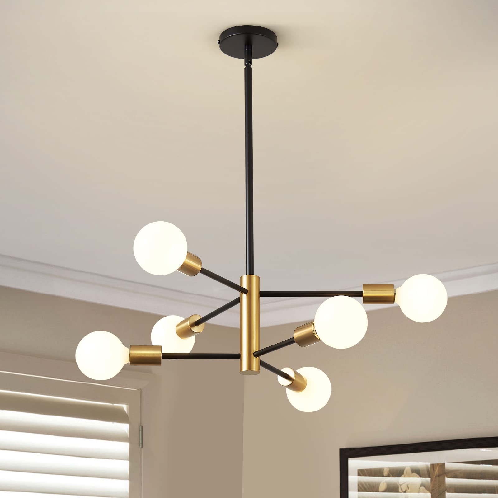 RUIYEY Modern Chandeliers for Dining Room  Black and Gold Chandelier Ceiling Light Fixture 6-Light Sputnik Chandeliers Mid Century Chandeliers for Living Room Kitchen Island Bedroom Foyer