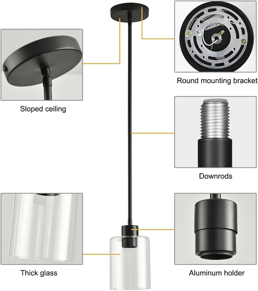 Klss Black Pendant Lights Kitchen Island - Clear Glass Pendant Light Fixture Multiple Stems Rods 3 Units 12 Inch 3 Units 4 Inch