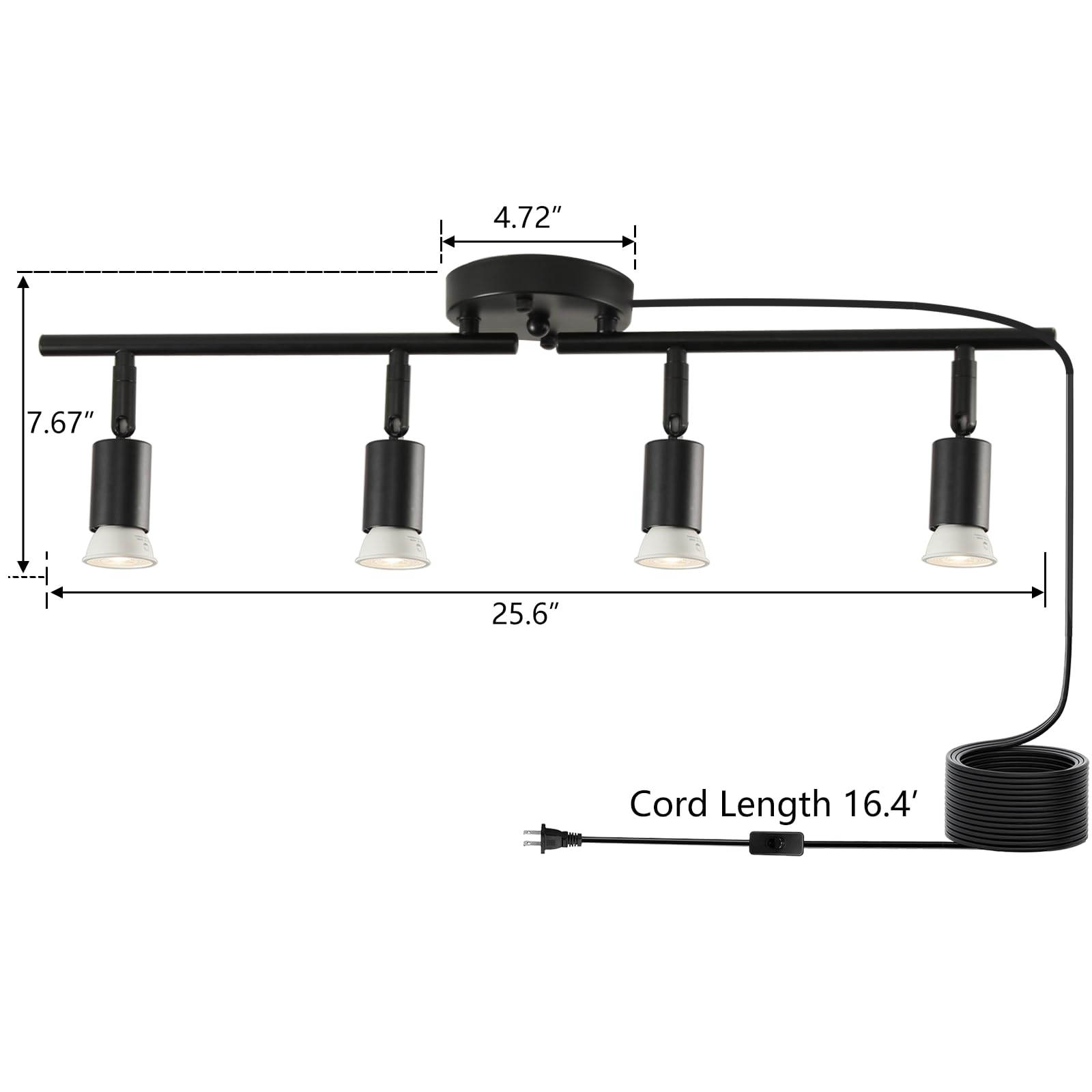 Vivihobb Plug In Track Light Black 4 Light Plug In Ceiling Lighting Fixture With 16.4 Long Cord 4 Way Ceiling Spotlight Rotatable Wall Mount Light Head Bulbs Not Included