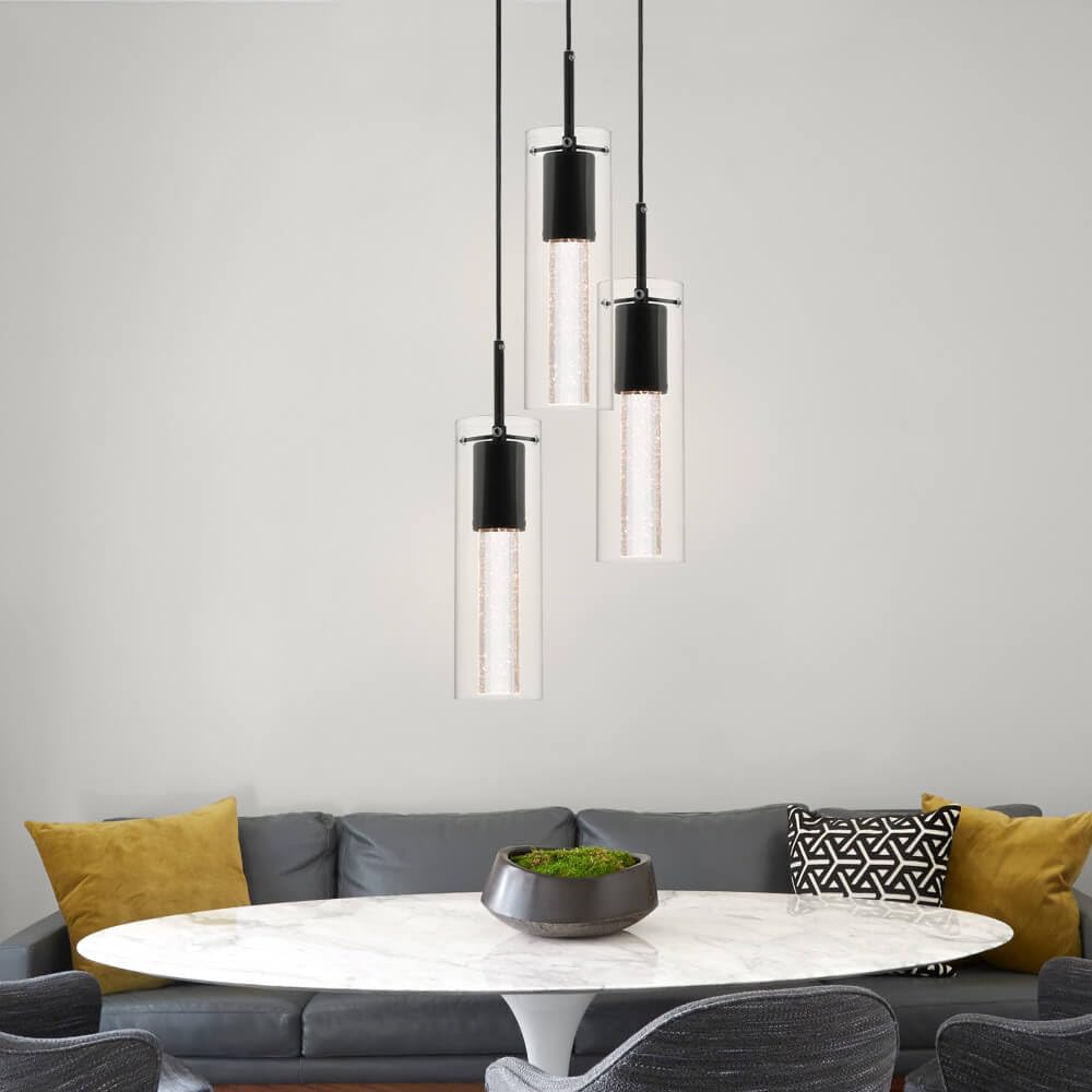 Xinbei Lighting Pendant Light, Modern 3 Light Cluster Kitchen Island Pendant Lighting With Led Bulb & Bubble Crystal, Matte Blac
