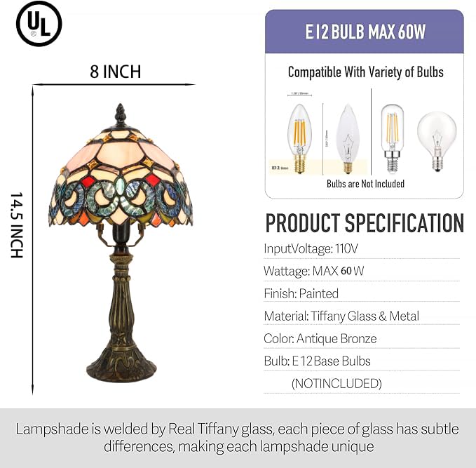 Lxhcyou Small Tiffany Lamp Mini Accent Table Lamp Pink Stained Glass Desk Memory Lamp Sympathy 8X14.5 Inch (Pink Baroque Style)