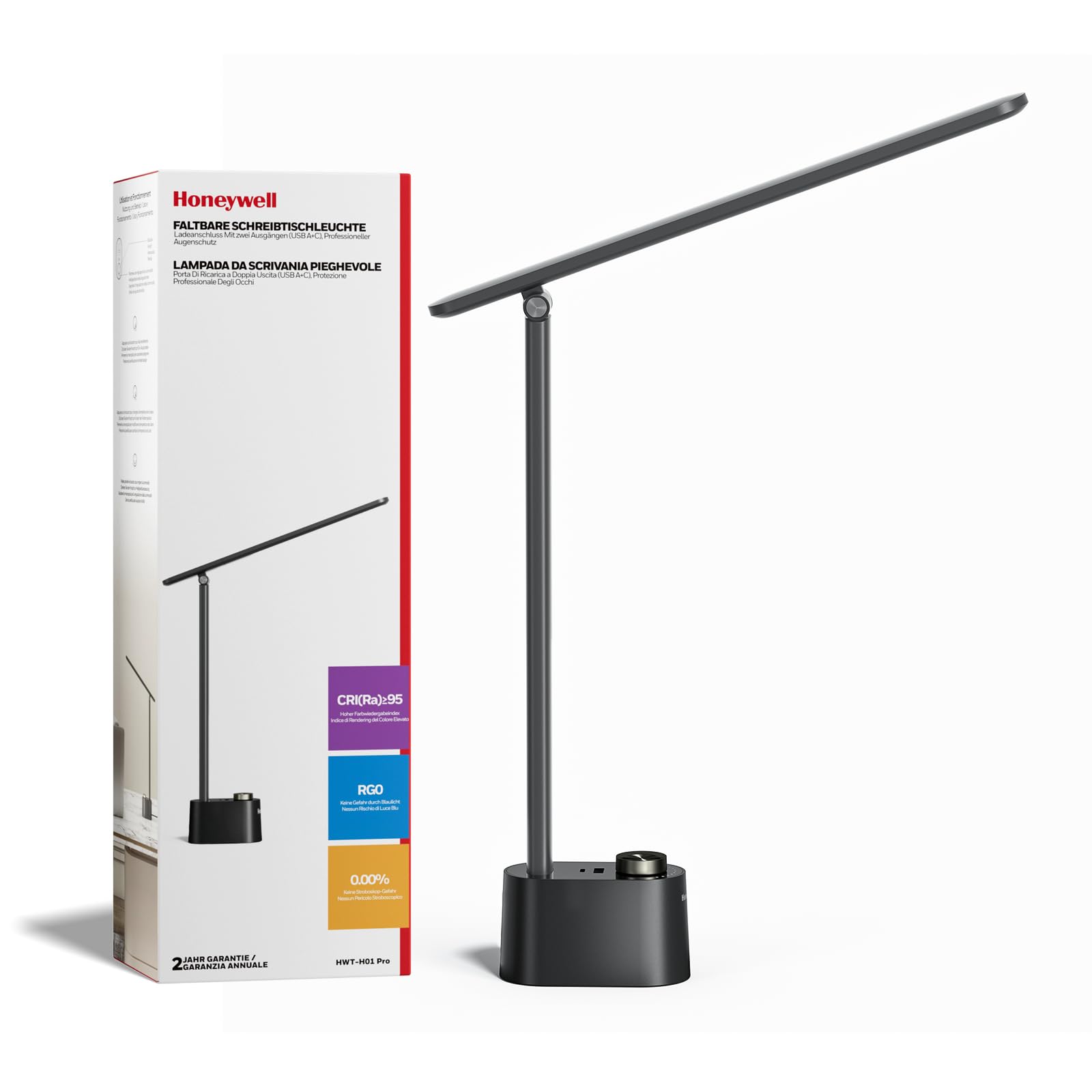 HONEYWELL Upgraded LED Desk Lamp - H01 Pro Sunturalux Foldable Desk Light with USB A+C Charging Ports, 3 Color Modes Dimmable Ta