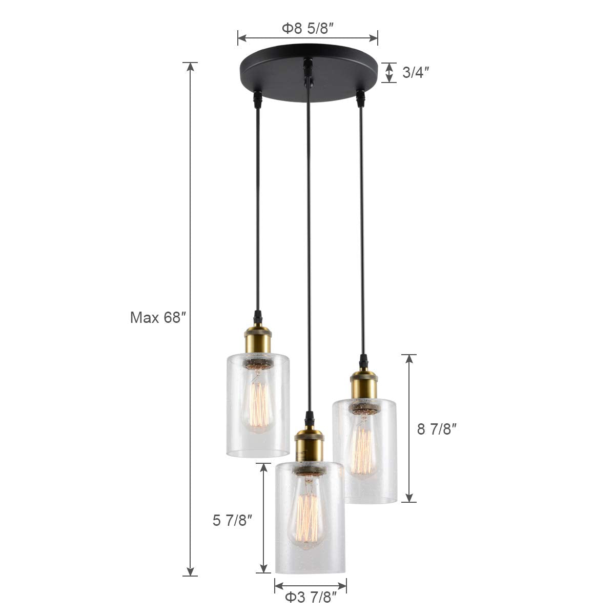 VILUXY 3-Light Pendant Light, Modern Farmhouse Chandelier, Seeded Glass Shade, Black and Gold Finish