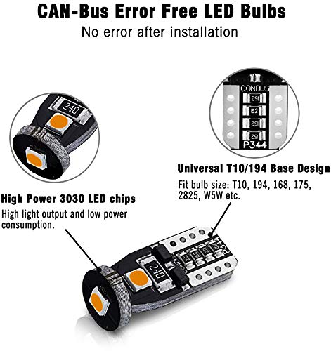 AUTOGINE 10pcs T10 LED Bulbs Amber Yellow Super Bright 3030 Chipset for Side Marker Turn Signal Blinker Map Door Parking Lights