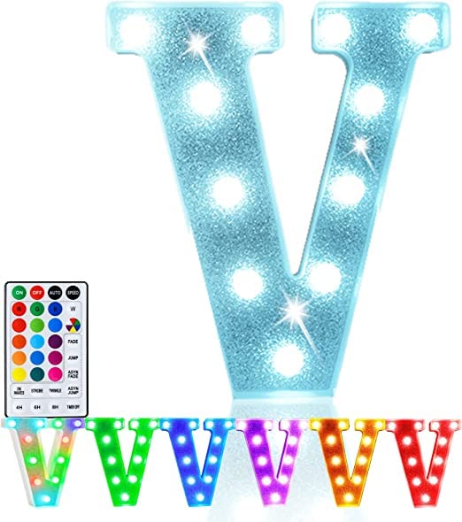 Pooqla LED Letter Lights Marquee Sign, 18 Colors with Remote, Glitter Silver V