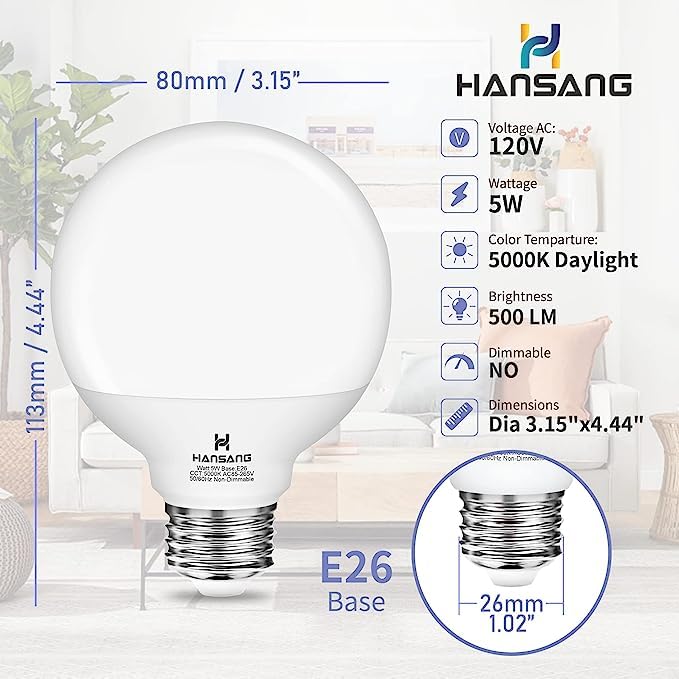 Hansang 8 Pack Bathroom Light Bulbs, 5000K Daylight Led Globe Light Bulbs, 40W Equivalent E26 Base, G25 Vanity Light Bulb For Ba