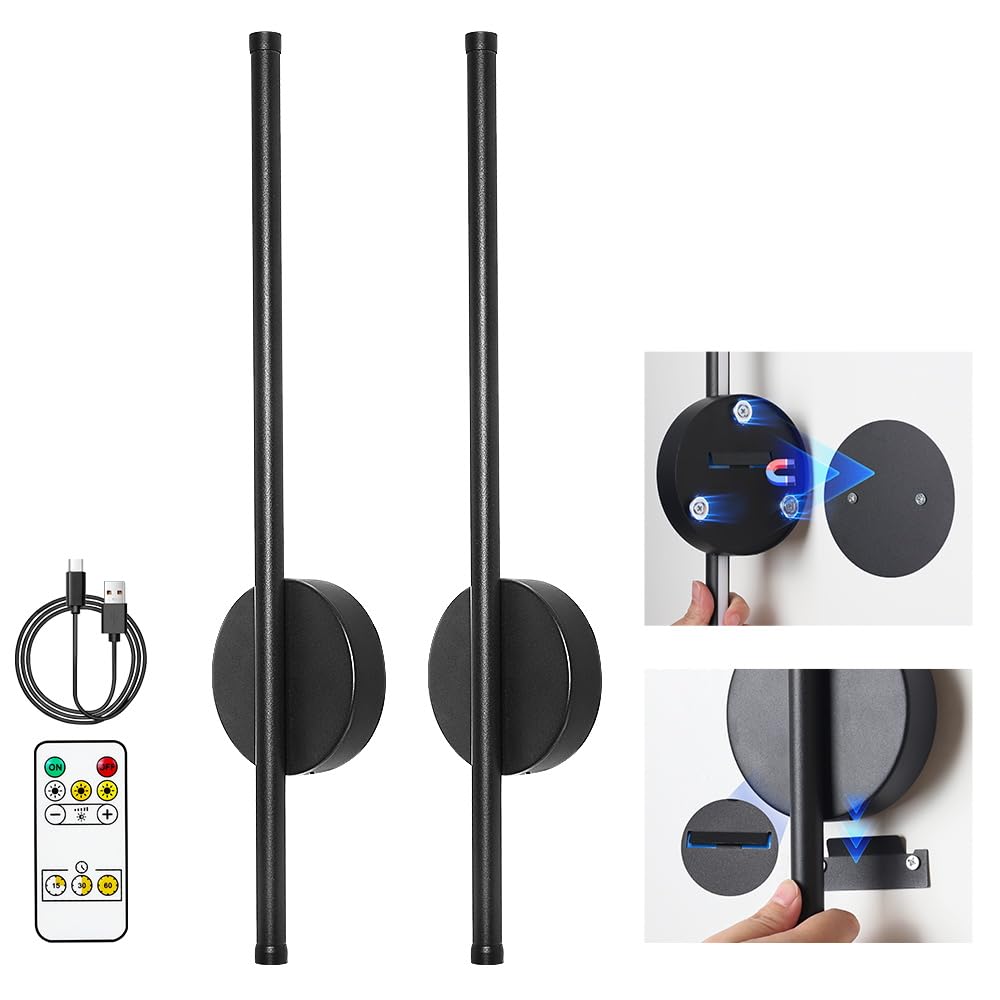 WAMBLZ Battery Operated Wall Sconces Set of Two Rechargeable Wireless Wall Light with Remote Control Black 360 Rotate Magnetic D