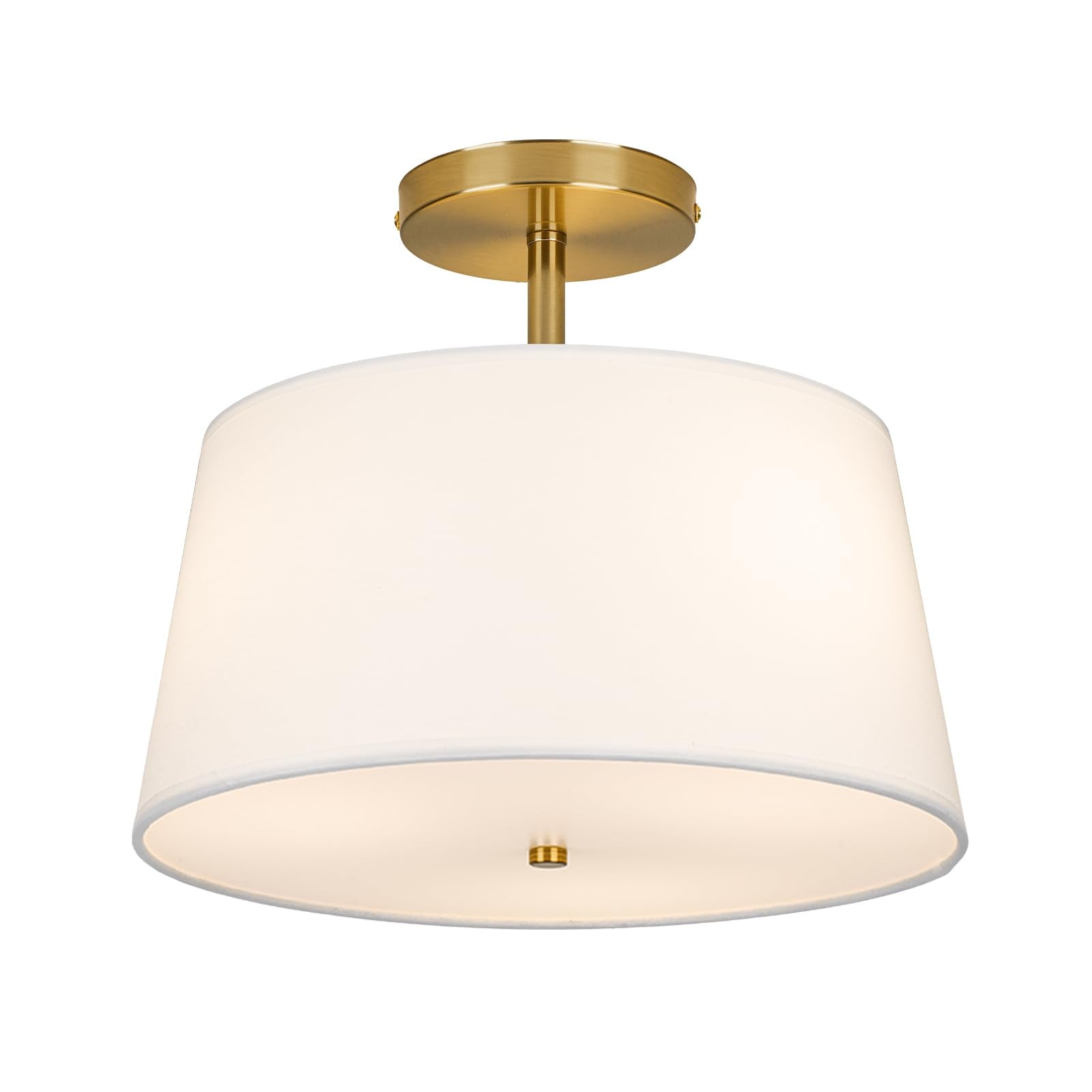 CALOKES Modern Cone-Shaped Semi Flush Mount Ceiling Light Fixture, 3-Light Drum Lamp with Gold Brass Finish and White Fabric Sha