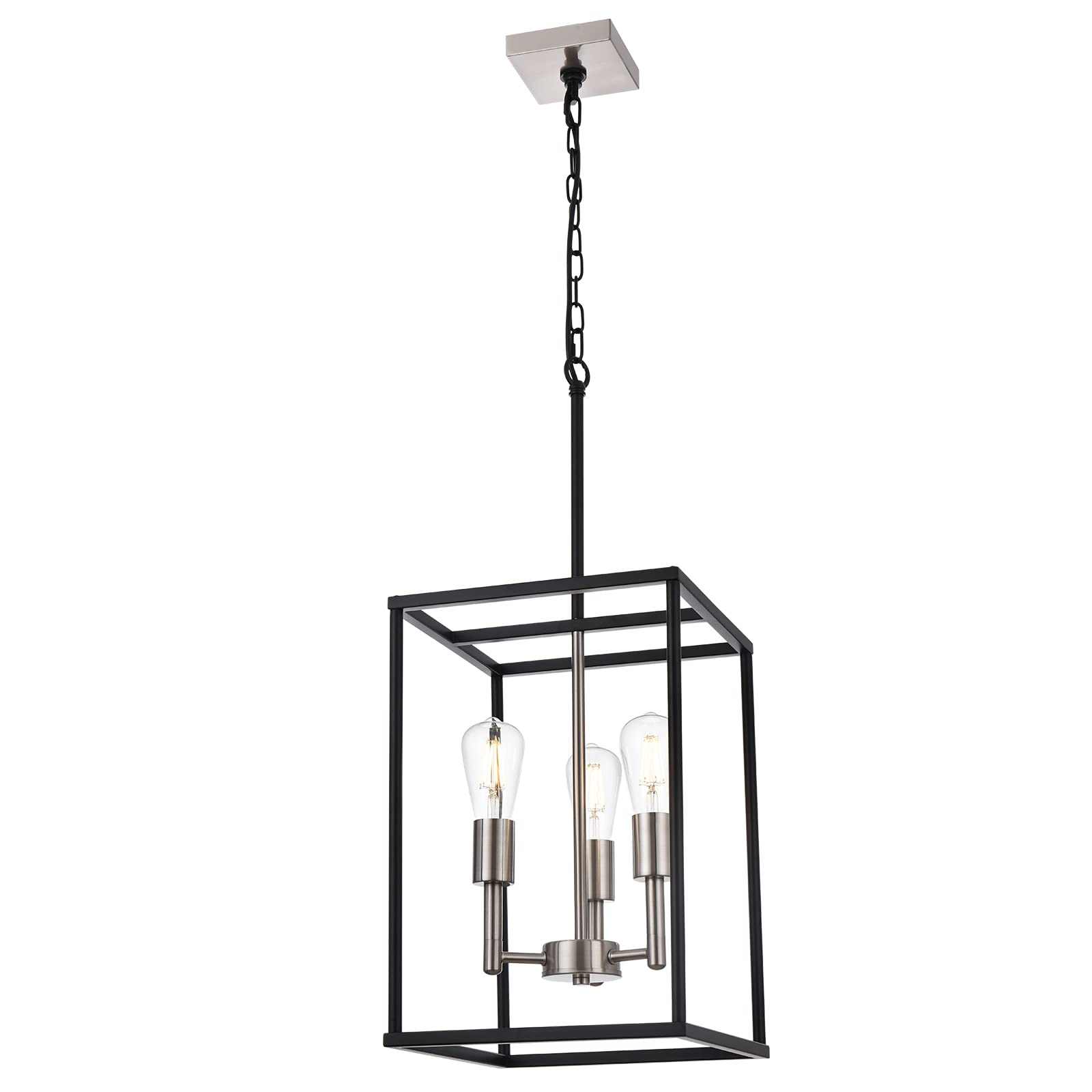 VINLUZ 3 Light Lantern Pendant Lighting, Black & Brushed Nickel, Industrial Chandelier for Kitchen Island, Model 270-3BS