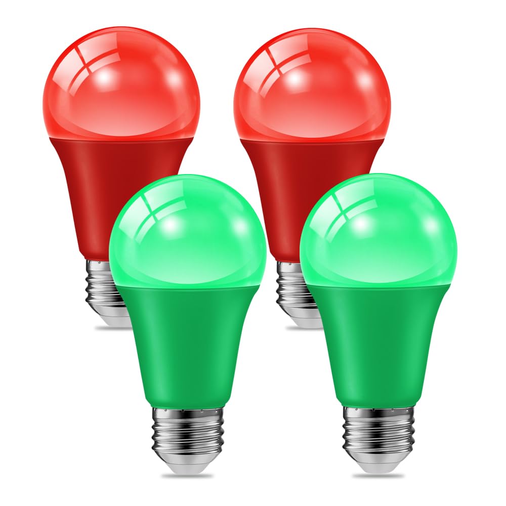 Haraqi 4 Pack 9W (60W Equivalent) 120V E26 Base A19 Led Colored Light Bulb  Green And Red Led Lights For Party Christmas Decor And Halloween Lighting