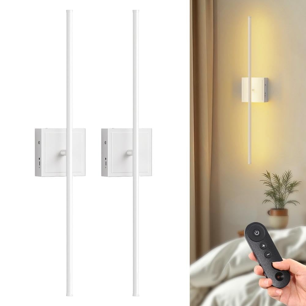 DORESshop Battery Operated Wall Sconces Set of 2, Dimmable, Remote Control, 28.1 Inch, White Metal Lighting for Bedroom, Living Room