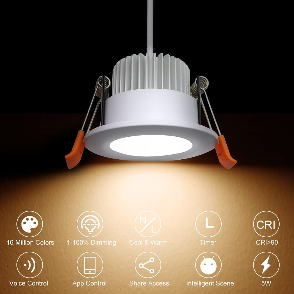 Ygs-Tech Smart 2 Inch Led Recessed Lighting Rgb Wifi Downlight, 5W Compatible With Alexa And Google Home, Dimmable Rgb & Cct 270